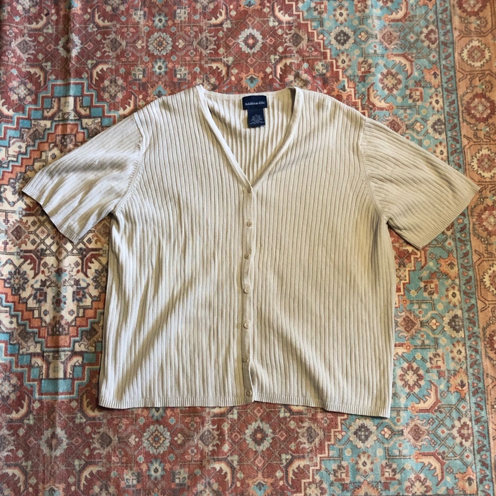 Addition Elle Cream Ribbed Button-Front Short Sleeve Top